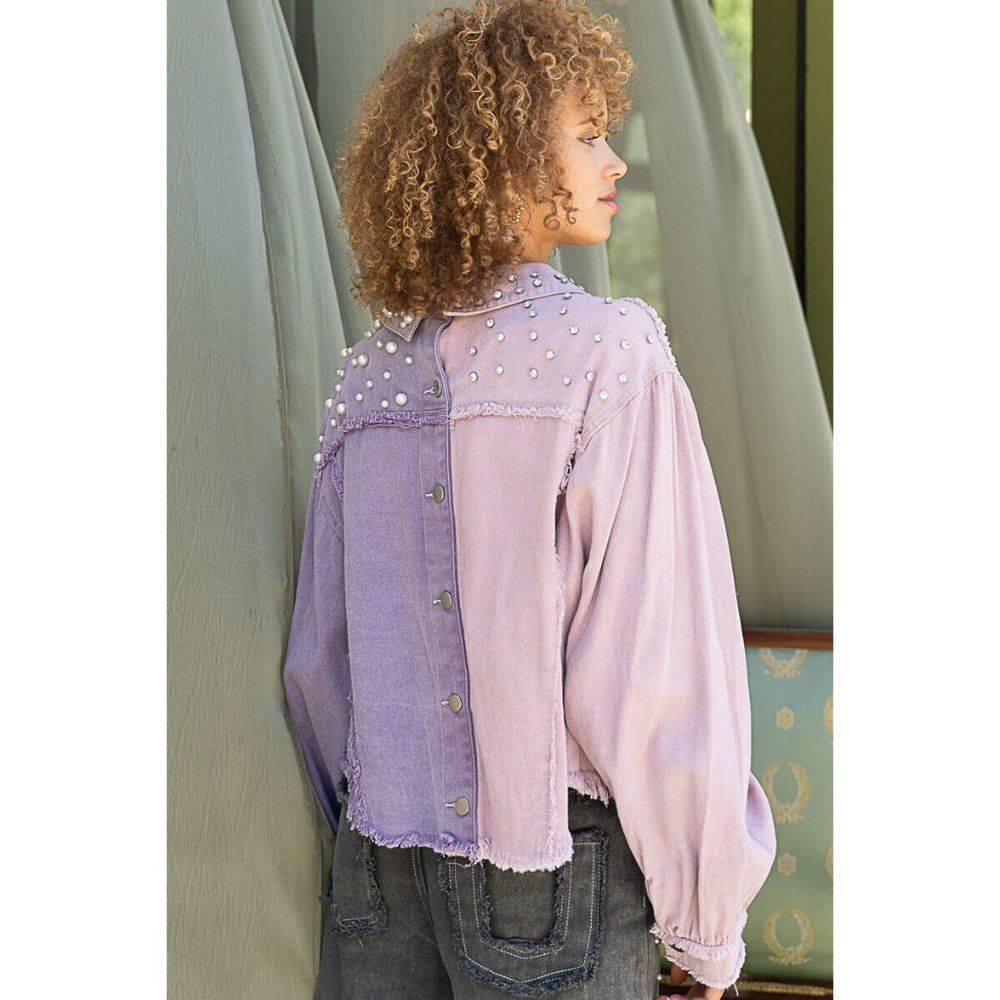POL CLOTHING Lilac Pink Pearl Diamond Studded Half and Half Denim Jacket FWJ160A - Picture 9 of 12